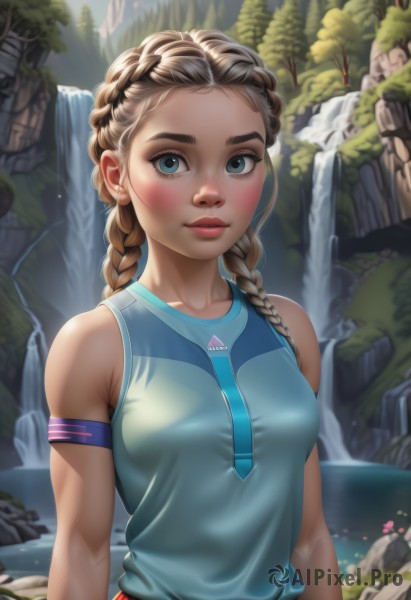 1girl,solo,long hair,breasts,looking at viewer,blush,smile,blue eyes,blonde hair,brown hair,shirt,bare shoulders,medium breasts,closed mouth,collarbone,upper body,braid,flower,small breasts,outdoors,sleeveless,day,belt,artist name,signature,water,blurry,twin braids,tree,lips,bare arms,eyelashes,sleeveless shirt,makeup,blurry background,watermark,sunlight,thick eyebrows,tank top,blue shirt,nature,armband,hair over shoulder,web address,forehead,forest,freckles,rock,realistic,nose,hair tie,arms at sides,river,waterfall,deviantart username,fine art parody