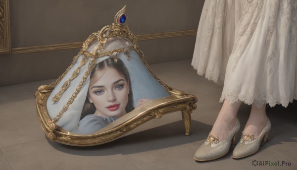 1girl,solo,long hair,looking at viewer,smile,blue eyes,skirt,brown hair,black hair,dress,standing,full body,shoes,indoors,white dress,high heels,lips,makeup,shadow,white footwear,lipstick,gem,veil,reflection,mirror,realistic,red lips,sitting,still life