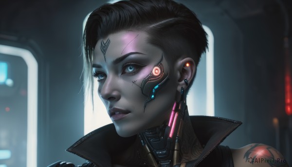 1girl,solo,short hair,blue eyes,black hair,jewelry,earrings,parted lips,blurry,lips,tattoo,makeup,blurry background,glowing,colored skin,facial mark,piercing,ear piercing,portrait,science fiction,realistic,nose,android,cable,very short hair,undercut,facial tattoo,cyborg,cyberpunk,neck tattoo,mechanical parts,artificial eye,mechanical eye,hologram,looking at viewer,eyelashes,lipstick,glowing eyes,close-up,eyeshadow,backlighting,high collar,stud earrings,eyeliner