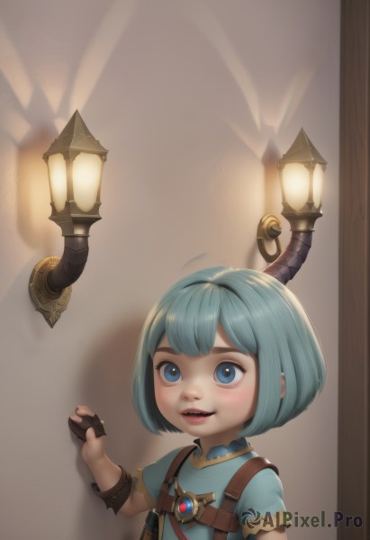 1girl,solo,blush,smile,short hair,open mouth,bangs,blue eyes,shirt,gloves,jewelry,blue hair,upper body,short sleeves,parted lips,horns,teeth,black gloves,hand up,signature,blunt bangs,fingerless gloves,bag,upper teeth only,blue shirt,child,brown gloves,lantern,female child,lamp,looking at viewer,:d,shiny,blurry,shiny hair,blurry background