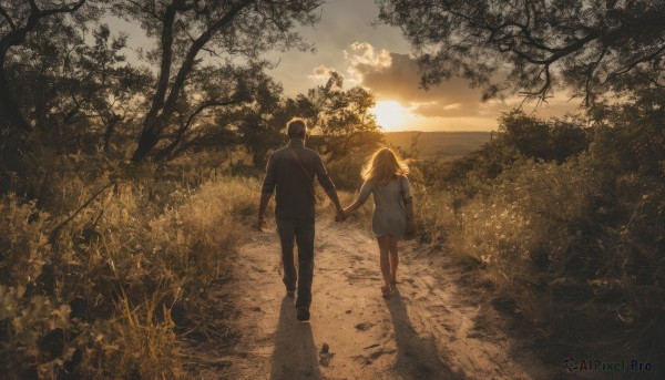 1girl,long hair,short hair,blonde hair,brown hair,black hair,long sleeves,1boy,standing,jacket,hetero,outdoors,sky,shoes,pants,cloud,bag,from behind,tree,holding hands,black pants,sunlight,backpack,grass,nature,scenery,walking,sunset,sun,road,footprints,shirt,dress,barefoot,white dress,shadow,cloudy sky,horizon,facing away,path