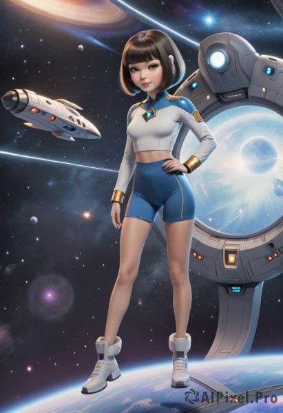 1girl,solo,breasts,looking at viewer,smile,short hair,bangs,brown hair,shirt,black hair,long sleeves,brown eyes,jewelry,medium breasts,standing,full body,white shirt,boots,parted lips,shoes,shorts,midriff,artist name,blunt bangs,star (symbol),nail polish,lips,crop top,hand on hip,short shorts,makeup,watermark,white footwear,bob cut,robot,bike shorts,sneakers,star (sky),skin tight,web address,science fiction,contrapposto,blue shorts,nose,ankle boots,space,planet,cropped shirt,earth (planet),spacecraft