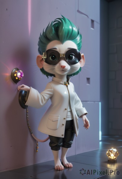 solo,looking at viewer,smile,short hair,shirt,long sleeves,1boy,holding,jewelry,green eyes,standing,tail,full body,white shirt,male focus,green hair,glasses,barefoot,pants,indoors,black pants,gem,child,furry,round eyewear,labcoat,furry male,male child,whiskers,blue eyes,artist name,shadow