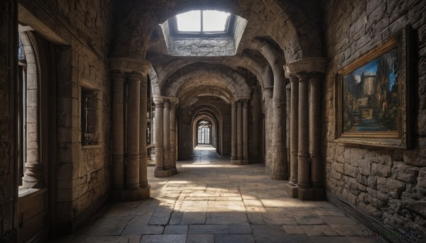 outdoors,sky,day,indoors,no humans,window,sunlight,building,scenery,stairs,door,wall,architecture,ruins,pillar,statue,church,arch,column,fire,light rays,fantasy,candle,painting (object),banner,stone floor,stone wall