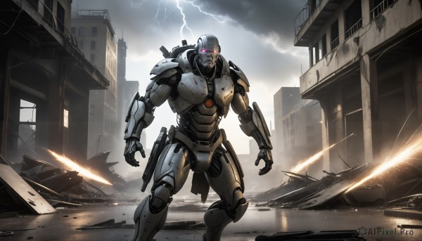 HQ,solo,looking at viewer,red eyes,1boy,standing,weapon,outdoors,sky,cloud,pink eyes,armor,gun,no humans,glowing,cloudy sky,robot,building,mecha,glowing eyes,science fiction,city,military vehicle,electricity,glowing eye,ruins,damaged,lightning,open hands,power armor,debris,male focus,realistic,arm blade