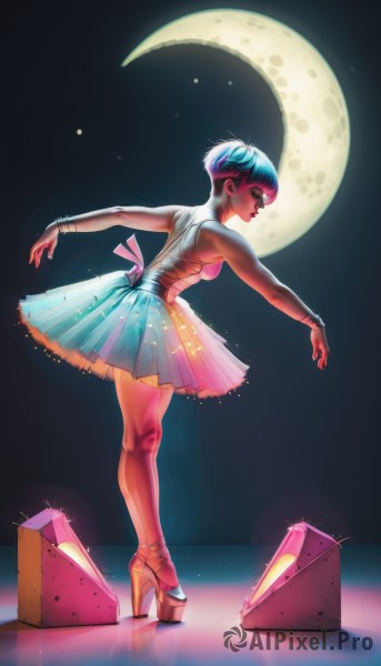 1girl,solo,breasts,short hair,skirt,dress,ribbon,jewelry,medium breasts,blue hair,standing,full body,closed eyes,multicolored hair,dark skin,hair bun,high heels,bracelet,leotard,dark-skinned female,see-through,sparkle,profile,makeup,moon,outstretched arms,dancing,tiptoes,crescent moon,ballerina,ballet slippers,ballet,tutu,bangs,bare shoulders,closed mouth,earrings,small breasts,parted lips,sky,sleeveless,artist name,from behind,from side,lips,eyelashes,night,watermark,lipstick,crescent,night sky,pink ribbon,nose,pink footwear,red lips,platform footwear