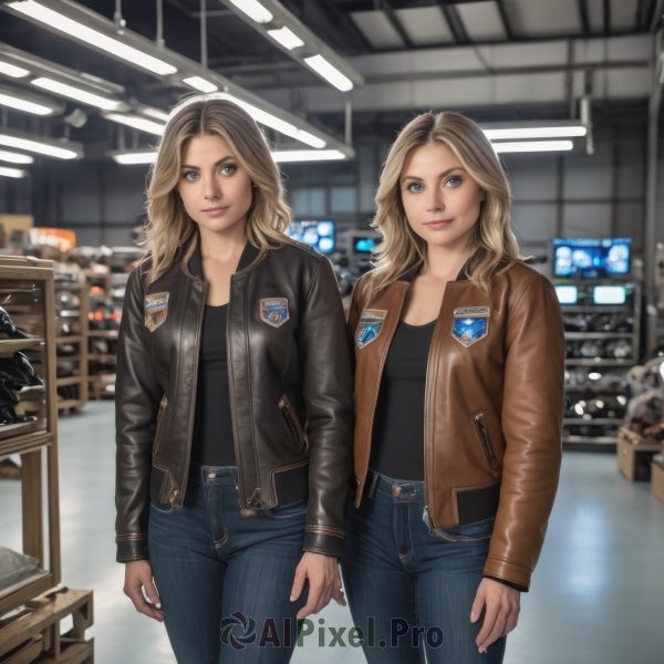 long hair,looking at viewer,smile,blue eyes,multiple girls,blonde hair,brown hair,shirt,long sleeves,2girls,closed mouth,jacket,open clothes,pants,indoors,medium hair,blurry,open jacket,lips,black shirt,blurry background,siblings,denim,brown jacket,jeans,realistic,leather,animification,leather jacket,bomber jacket,breasts,medium breasts,standing,depth of field,tank top,zipper,unzipped