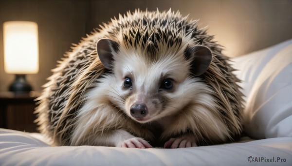 HQ,solo,looking at viewer,blue eyes,indoors,signature,blurry,pillow,no humans,bed,bed sheet,animal,on bed,realistic,blanket,lamp,under covers,animal focus,whiskers,lion,closed mouth,black eyes,blurry background