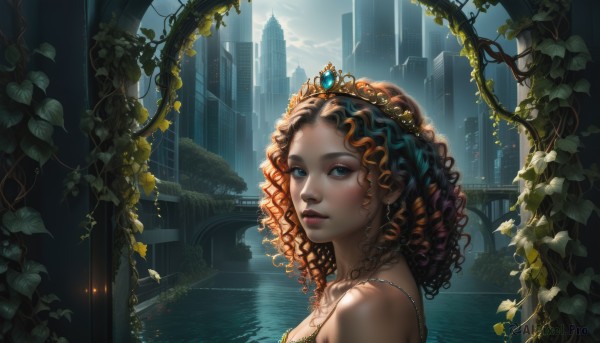 1girl,solo,long hair,breasts,looking at viewer,blue eyes,brown hair,hair ornament,dress,bare shoulders,jewelry,closed mouth,upper body,multicolored hair,earrings,outdoors,sky,artist name,cloud,signature,dark skin,water,necklace,orange hair,from side,dark-skinned female,lips,looking to the side,eyelashes,makeup,glowing,leaf,wavy hair,sunlight,tiara,crown,plant,building,gem,portrait,scenery,eyeshadow,reflection,curly hair,city,realistic,nose,fantasy,cityscape,ruins,vines,skyscraper,mascara,princess,overgrown,ivy,parted lips,day,watermark