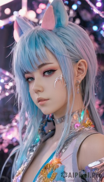 1girl,solo,long hair,breasts,looking at viewer,bangs,blue eyes,animal ears,bare shoulders,jewelry,blue hair,upper body,multicolored hair,earrings,parted lips,choker,cat ears,mole,blurry,lips,grey eyes,makeup,blurry background,facial mark,portrait,eyeshadow,realistic,nose,artist name,collar,eyelashes,depth of field,bokeh