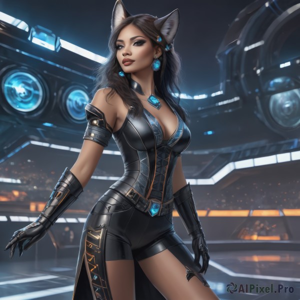 1girl,solo,long hair,breasts,looking at viewer,large breasts,brown hair,black hair,hair ornament,gloves,animal ears,cleavage,bare shoulders,jewelry,medium breasts,standing,cowboy shot,earrings,parted lips,shorts,black gloves,belt,cat ears,dark skin,necklace,black eyes,dark-skinned female,lips,animal ear fluff,short shorts,makeup,black shorts,lipstick,gauntlets,gem,corset,armlet,pendant,science fiction,contrapposto,red lips,brown eyes,extra ears,realistic,nose