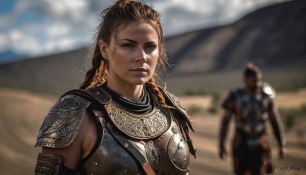 1girl,long hair,looking at viewer,brown hair,1boy,brown eyes,upper body,braid,outdoors,solo focus,day,armor,blurry,lips,depth of field,blurry background,shoulder armor,freckles,pauldrons,breastplate,realistic,nose,desert,dreadlocks,chainmail,jewelry,earrings,sky,dark skin,twin braids,sand