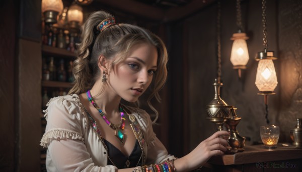 1girl,solo,long hair,breasts,blue eyes,blonde hair,brown hair,shirt,hair ornament,cleavage,jewelry,medium breasts,upper body,ponytail,earrings,frills,parted lips,open clothes,indoors,necklace,blurry,bracelet,cup,lips,depth of field,blurry background,table,bottle,gem,alcohol,drinking glass,freckles,beads,realistic,nose,lamp,candle,shelf,jar,bar (place),counter,looking at viewer,holding,fingernails,blouse,pendant,lantern