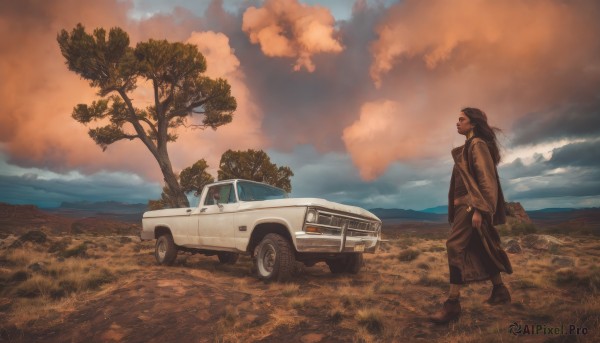 1girl,solo,long hair,brown hair,black hair,jewelry,standing,boots,outdoors,sky,cloud,tree,coat,cloudy sky,grass,ground vehicle,scenery,motor vehicle,car,vehicle focus,bag,sunset,realistic,landscape