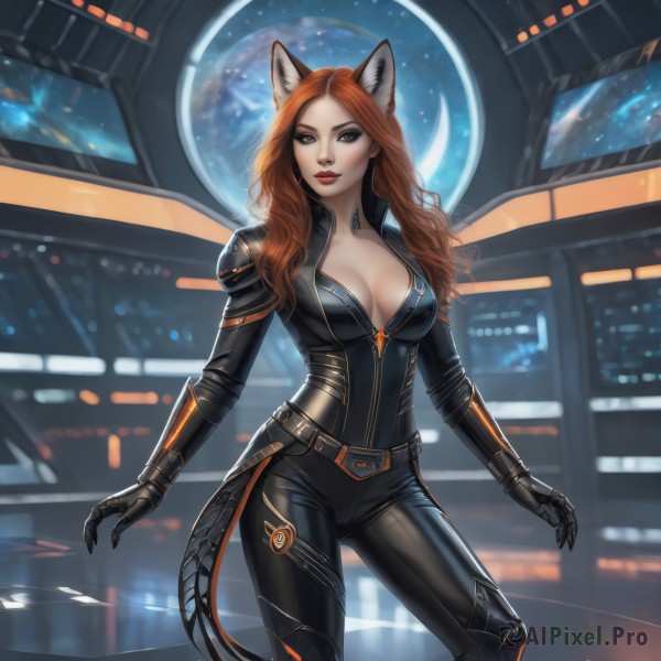 1girl,solo,long hair,breasts,looking at viewer,large breasts,brown hair,gloves,animal ears,cleavage,brown eyes,medium breasts,standing,tail,belt,artist name,cat ears,orange hair,lips,cat tail,bodysuit,makeup,watermark,lipstick,zipper,black bodysuit,red lips,space,red hair,fox ears,skin tight,contrapposto,realistic