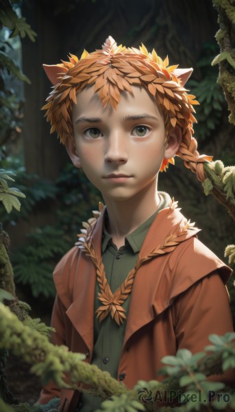 solo,looking at viewer,short hair,brown hair,shirt,1boy,animal ears,brown eyes,closed mouth,green eyes,jacket,upper body,braid,male focus,outdoors,collared shirt,artist name,signature,blurry,tree,buttons,depth of field,blurry background,leaf,watermark,plant,nature,androgynous,forest,freckles,green shirt,male child,head wreath,vines,1girl,long hair,red hair,orange hair,twin braids,lips,sunlight,web address,realistic,nose