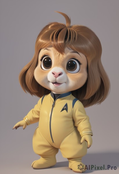 1girl,solo,smile,open mouth,bangs,simple background,brown hair,long sleeves,brown eyes,standing,full body,ahoge,medium hair,grey background,bodysuit,shadow,child,furry,zipper,furry female,female child,jumpsuit,yellow bodysuit,looking at viewer,animal ears,realistic