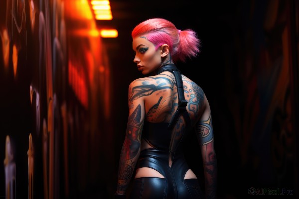 1girl,solo,looking at viewer,short hair,bare shoulders,jewelry,closed mouth,ponytail,pink hair,ass,earrings,looking back,dark skin,from behind,blurry,leotard,lips,tattoo,makeup,blurry background,back,piercing,short ponytail,nose,arm tattoo,shoulder tattoo,undercut,facial tattoo,hair pulled back,back tattoo,full-body tattoo,multicolored hair,pants,dark-skinned female,eyeshadow,realistic,eyeliner,very short hair,mascara,mohawk