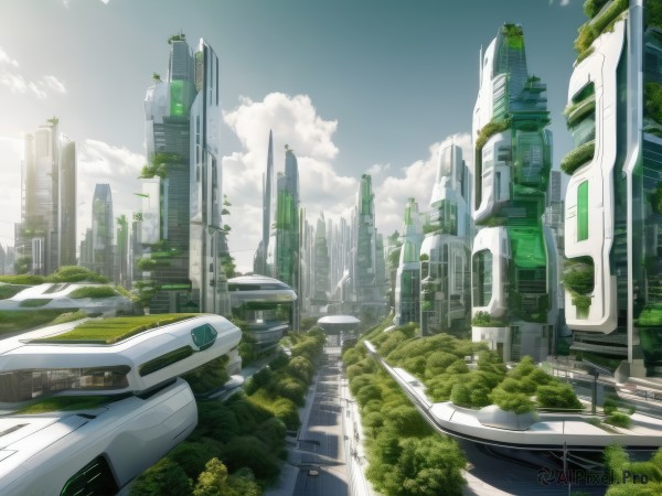 outdoors,sky,day,cloud,water,tree,blue sky,no humans,cloudy sky,building,scenery,science fiction,city,cityscape,ruins,bridge,skyscraper,overgrown,ground vehicle,motor vehicle,car,road