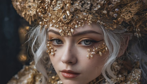 1girl,solo,long hair,looking at viewer,jewelry,closed mouth,white hair,grey hair,artist name,blurry,lips,grey eyes,eyelashes,makeup,depth of field,blurry background,watermark,gem,portrait,close-up,realistic,red lips,gold,hair ornament,earrings,pointy ears,eyeshadow,freckles,nose,eyeliner