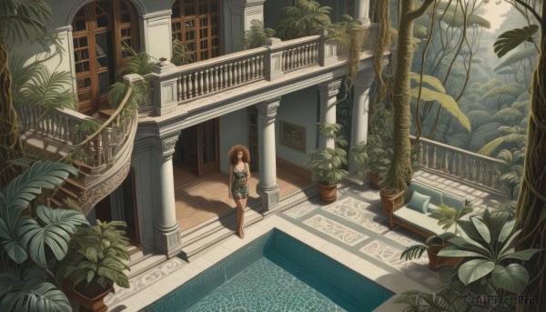 1girl,solo,looking at viewer,short hair,brown hair,brown eyes,standing,outdoors,shorts,barefoot,tree,window,shadow,plant,scenery,stairs,door,railing,potted plant,wide shot,balcony,long hair,bare shoulders,day,water,tank top,architecture,pillar