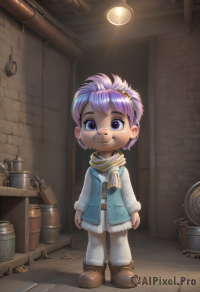 1girl,solo,looking at viewer,smile,short hair,long sleeves,closed mouth,standing,purple eyes,full body,purple hair,hairband,boots,belt,pants,indoors,scarf,vest,coat,fur trim,brown footwear,brick wall,barrel,industrial pipe,multicolored hair,artist name,two-tone hair,goggles,child,furry,furry female