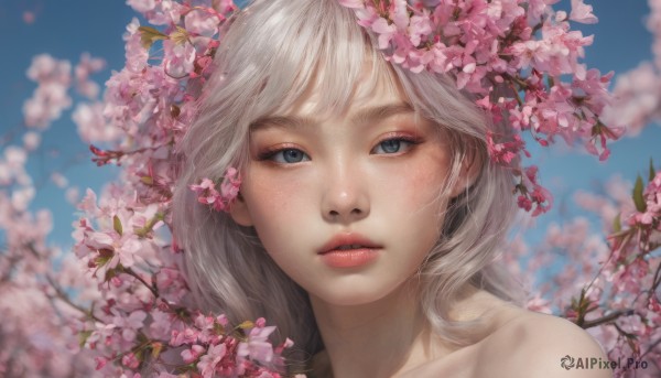 1girl, solo, long hair, looking at viewer, bangs, blue eyes, bare shoulders, flower, outdoors, parted lips, sky, teeth, day, blurry, blue sky, lips, depth of field, cherry blossoms, portrait, freckles, realistic, nose