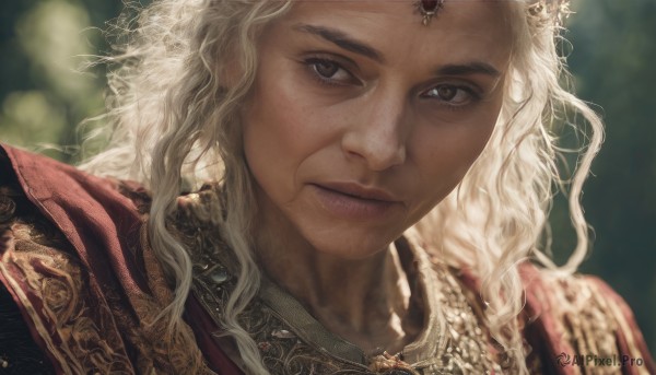 1girl,solo,long hair,looking at viewer,brown eyes,jewelry,closed mouth,white hair,dark skin,necklace,blurry,dark-skinned female,lips,depth of field,blurry background,wavy hair,tiara,crown,portrait,freckles,curly hair,realistic,blonde hair,artist name,signature,armor