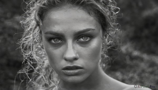 1girl,solo,long hair,looking at viewer,closed mouth,monochrome,greyscale,blurry,lips,eyelashes,expressionless,messy hair,portrait,realistic,nose,short hair,close-up,serious