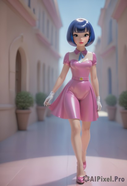 1girl,solo,breasts,looking at viewer,smile,short hair,bangs,gloves,dress,ribbon,brown eyes,closed mouth,blue hair,standing,full body,short sleeves,small breasts,outdoors,shoes,day,shiny,belt,white gloves,blunt bangs,fingerless gloves,nail polish,blurry,black eyes,lips,see-through,neck ribbon,makeup,blurry background,bob cut,plant,blue ribbon,lipstick,bike shorts,building,pink dress,skin tight,pink skirt,walking,shiny clothes,pink footwear,latex,pink shorts,blue eyes,medium breasts,bodysuit,potted plant