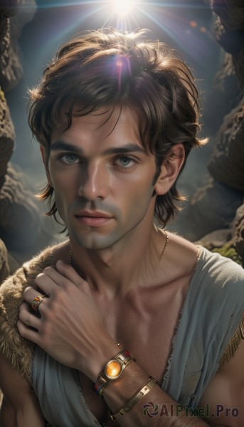 solo,looking at viewer,short hair,blue eyes,brown hair,black hair,1boy,jewelry,closed mouth,green eyes,collarbone,upper body,male focus,sleeveless,necklace,bracelet,lips,muscular,facial hair,sunlight,ring,lens flare,watch,rock,realistic,nose,wristwatch,manly,thick eyebrows,chest hair