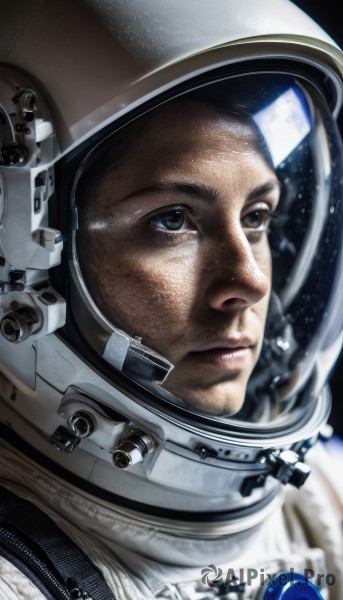 solo,blue eyes,1boy,closed mouth,male focus,signature,lips,facial hair,helmet,portrait,reflection,science fiction,realistic,nose,space,spacesuit,astronaut,black hair,brown eyes,close-up,looking afar,planet,earth (planet),space helmet