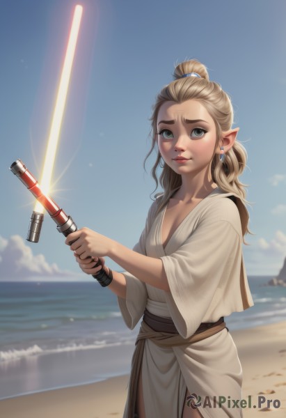 1girl,solo,long hair,breasts,looking at viewer,smile,blonde hair,holding,cleavage,jewelry,closed mouth,standing,collarbone,ponytail,weapon,cowboy shot,earrings,small breasts,outdoors,sky,day,pointy ears,sword,wide sleeves,water,holding weapon,blurry,blue sky,lips,grey eyes,ocean,beach,holding sword,single hair bun,elf,forehead,robe,sand,hair pulled back,energy sword,white robe,lightsaber,blue eyes,dress,green eyes,belt,white dress,mole,mole under eye,thick eyebrows,science fiction,realistic,nose,horizon,tunic