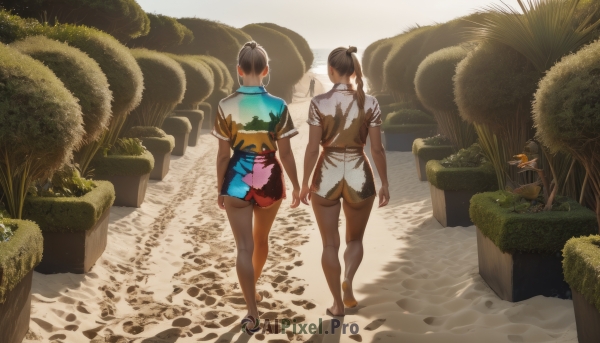 1girl,long hair,short hair,multiple girls,skirt,brown hair,shirt,black hair,2girls,underwear,standing,panties,full body,ponytail,ass,short sleeves,outdoors,barefoot,from behind,tree,bare legs,back,walking,arms at sides,facing away,topknot,dirty feet,shorts,single hair bun,no pants,dirty