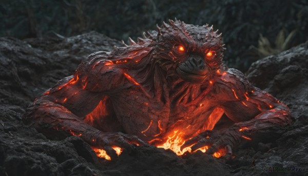 solo, teeth, orange eyes, no humans, glowing, fire, glowing eyes, claws, monster, molten rock, kaijuu