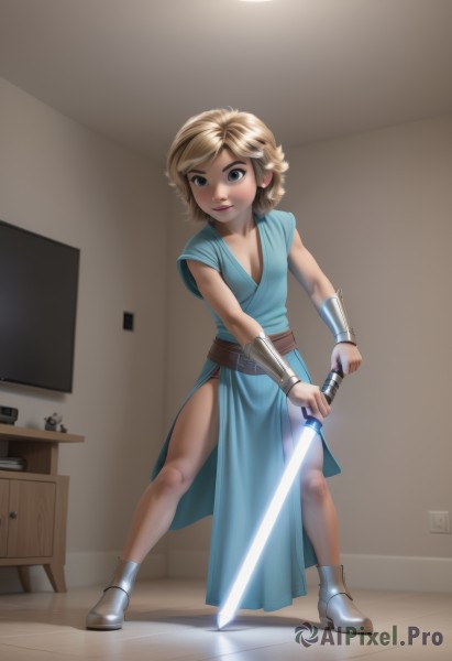 1girl,solo,breasts,looking at viewer,smile,short hair,blue eyes,blonde hair,dress,holding,cleavage,closed mouth,standing,full body,weapon,braid,short sleeves,small breasts,boots,belt,sword,artist name,indoors,holding weapon,lips,makeup,blue dress,glowing,holding sword,pelvic curtain,side slit,legs apart,wooden floor,realistic,bracer,television,shelf,glowing weapon,energy sword,glowing sword,lightsaber,cosplay,aged down,nose,tunic,aqua dress