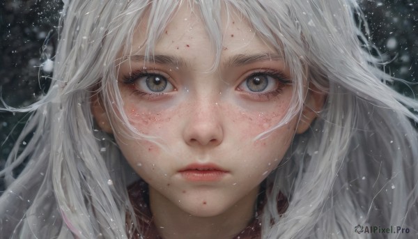 1girl,solo,long hair,looking at viewer,bangs,brown eyes,closed mouth,white hair,blurry,lips,grey eyes,eyelashes,blood,expressionless,portrait,snow,close-up,freckles,blood on face,snowing,realistic,nose,eye focus,parted lips,artist name,messy hair