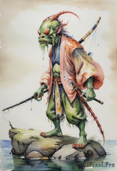 solo,open mouth,red eyes,long sleeves,1boy,holding,standing,tail,full body,weapon,male focus,japanese clothes,horns,barefoot,teeth,pointy ears,pants,sword,kimono,water,holding weapon,wet,colored skin,holding sword,katana,sharp teeth,sheath,claws,furry,1other,wading,toenails,monster,rock,scabbard,green skin,dripping,green pants,fishing rod,fishing,sharp toenails,holding fishing rod,sharp fingernails,kappa