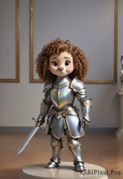 1girl,solo,long hair,looking at viewer,smile,brown hair,holding,brown eyes,closed mouth,standing,full body,weapon,boots,sword,indoors,holding weapon,armor,black eyes,holding sword,shoulder armor,gauntlets,child,furry,1other,freckles,reflection,curly hair,pauldrons,breastplate,armored boots,greaves,big hair,faulds,knight,full armor,chainmail,plate armor,arms at sides,female child,dirty,painting (object),dirty face,dirty clothes