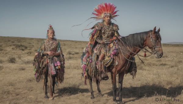 1girl,looking at viewer,black hair,long sleeves,1boy,hat,holding,jewelry,closed mouth,standing,weapon,boots,outdoors,multiple boys,sky,day,sword,2boys,cape,holding weapon,armor,black eyes,animal,feathers,shoulder armor,pauldrons,riding,fringe trim,horse,desert,horseback riding,reins,saddle,brown hair,male focus,helmet,field,topknot,knight,full armor,chainmail,plume