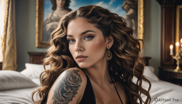 1girl,solo,long hair,breasts,looking at viewer,blue eyes,brown hair,cleavage,bare shoulders,jewelry,collarbone,earrings,lying,parted lips,day,indoors,blurry,lips,pillow,grey eyes,eyelashes,bed,tattoo,makeup,blurry background,on bed,wavy hair,forehead,curly hair,realistic,nose,arm tattoo,shoulder tattoo,painting (object),portrait (object),thick lips,upper body,artist name,portrait,freckles