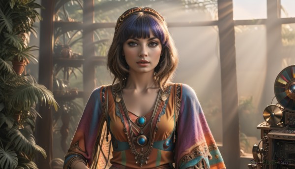 1girl,solo,long hair,breasts,looking at viewer,bangs,brown hair,shirt,black hair,long sleeves,brown eyes,jewelry,collarbone,upper body,parted lips,day,indoors,blunt bangs,necklace,tree,lips,window,watermark,sunlight,plant,gem,pendant,backlighting,light rays,realistic,nose,clock,potted plant,sunbeam,dappled sunlight,electric fan,short hair,blue hair,leaf