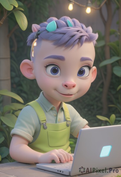 solo,looking at viewer,smile,short hair,blue eyes,shirt,1boy,animal ears,closed mouth,upper body,purple hair,short sleeves,male focus,outdoors,horns,collared shirt,blurry,tree,child,furry,personification,overalls,furry male,computer,male child,laptop,deer ears,leaf,thick eyebrows,plant,extra ears,freckles,realistic,nose,green shirt,light bulb