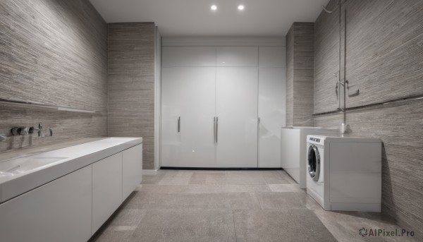 monochrome,greyscale,indoors,no humans,scenery,door,tiles,tile floor,bathroom,toilet,trash can,sink,ceiling light,faucet,washing machine,reflection,wooden floor,mirror,tile wall,horror (theme),cabinet,reflective floor