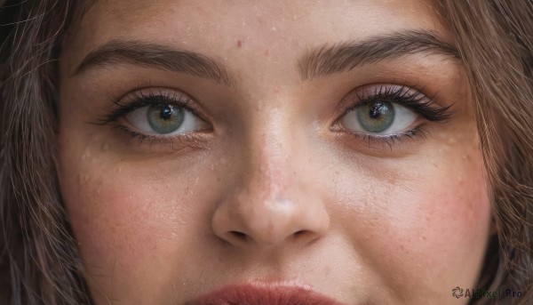 1girl,solo,looking at viewer,brown hair,brown eyes,closed mouth,green eyes,lips,eyelashes,thick eyebrows,portrait,close-up,freckles,realistic,nose,eye focus,bangs