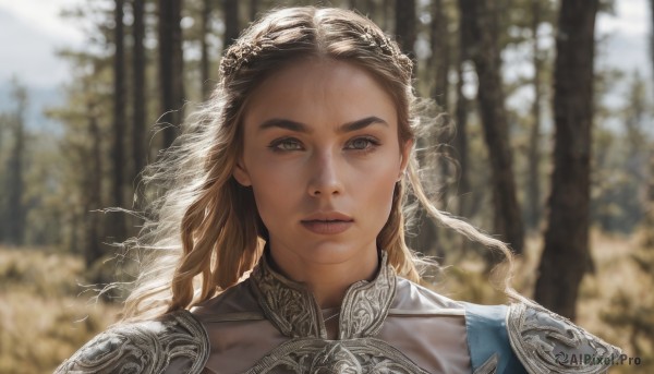 1girl,solo,long hair,looking at viewer,blonde hair,brown hair,closed mouth,green eyes,outdoors,day,armor,blurry,tree,lips,grey eyes,floating hair,depth of field,blurry background,portrait,nature,forest,realistic,nose,straight-on,braid,eyelashes,sunlight,thick eyebrows,shoulder armor