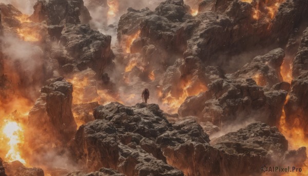 solo,1boy,standing,male focus,outdoors,from behind,fire,scenery,1other,smoke,rock,mountain,facing away,wide shot,ambiguous gender,cave,molten rock,weapon