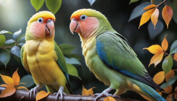 HQ,open mouth,blue eyes,closed mouth,standing,outdoors,wings,blurry,black eyes,no humans,depth of field,bird,animal,leaf,feathers,plant,nature,realistic,branch,animal focus,duck,talons,beak,parrot,looking at viewer