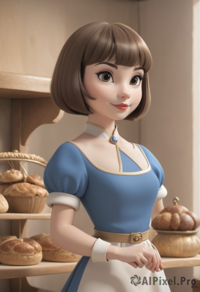 1girl,solo,breasts,looking at viewer,smile,short hair,bangs,brown hair,dress,brown eyes,jewelry,closed mouth,standing,short sleeves,small breasts,food,puffy sleeves,belt,artist name,indoors,blunt bangs,apron,puffy short sleeves,lips,wrist cuffs,makeup,blue dress,bob cut,brooch,gem,waist apron,white apron,freckles,nose,basket,red lips,brown belt,bread,upper body,table,lipstick,shop,baguette