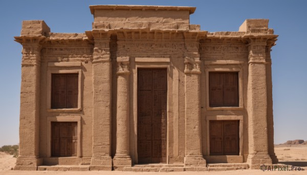 outdoors,sky,day,blue sky,no humans,window,building,scenery,sand,door,ruins,pillar,desert,arch,column,shadow,watermark,plant,architecture